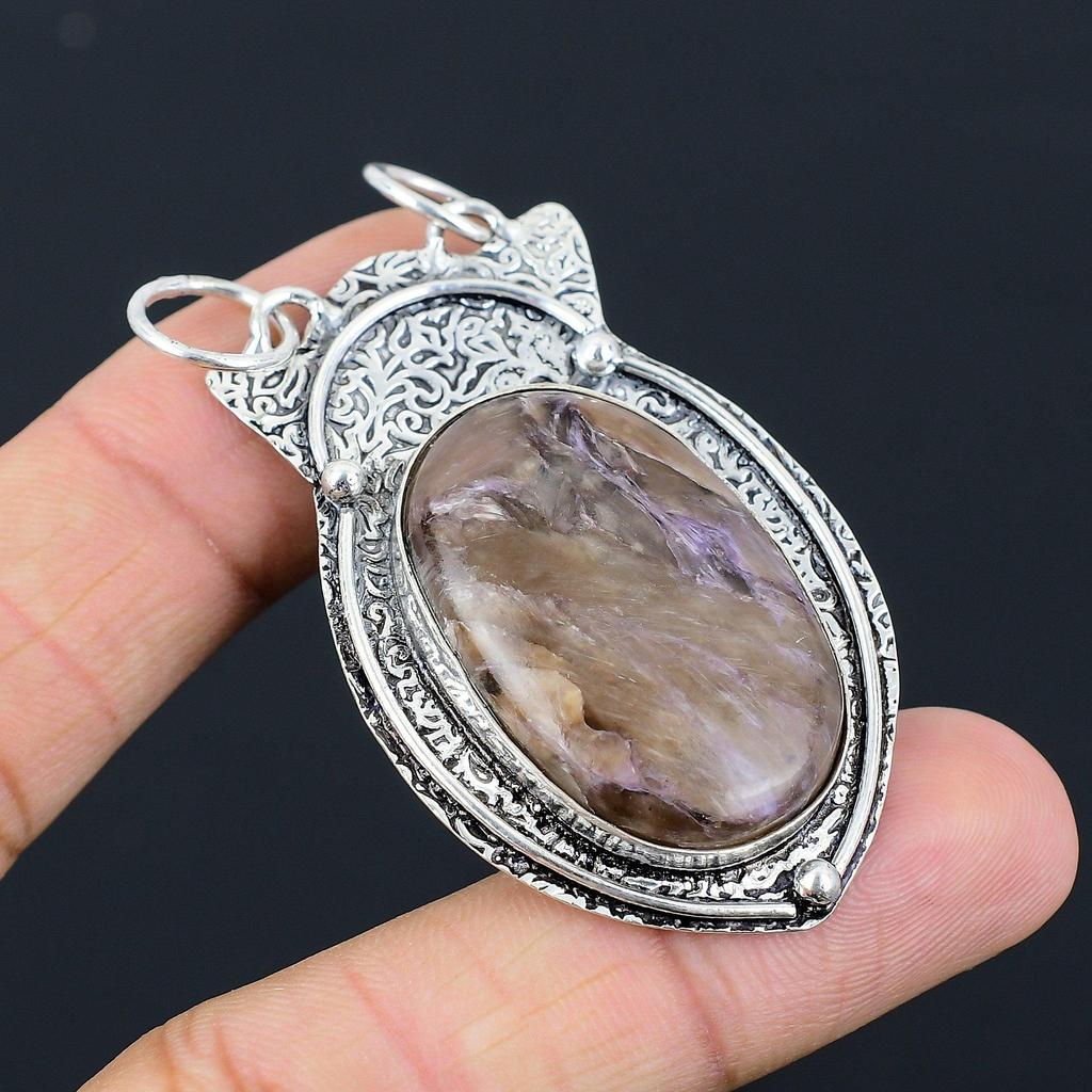Natural Charoite Gemstone Pendant 925 Sterling Silver Indian Jewelry For Women