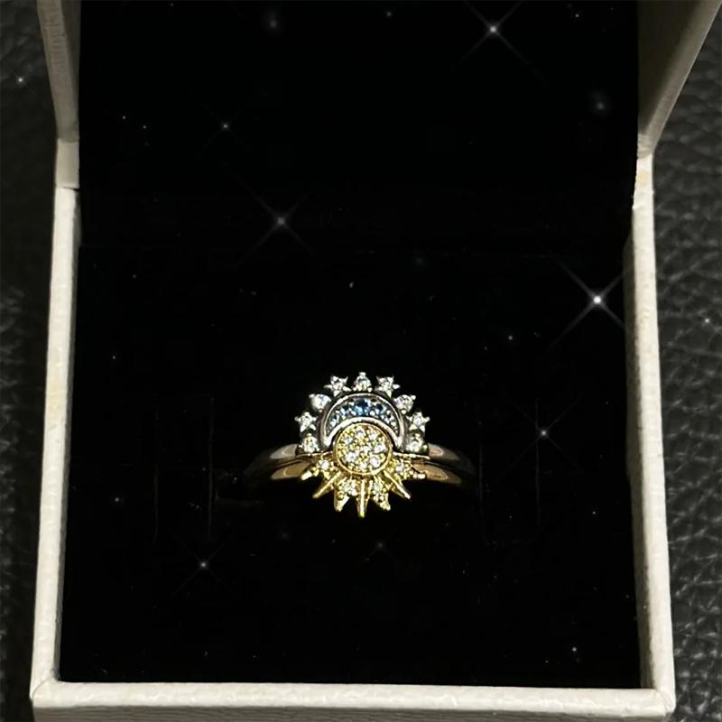 Женское небесно-синее сверкающее кольцо Солнце Луна Звезда Кольцо S925 Посеребренное кольцо с черным жемчугом