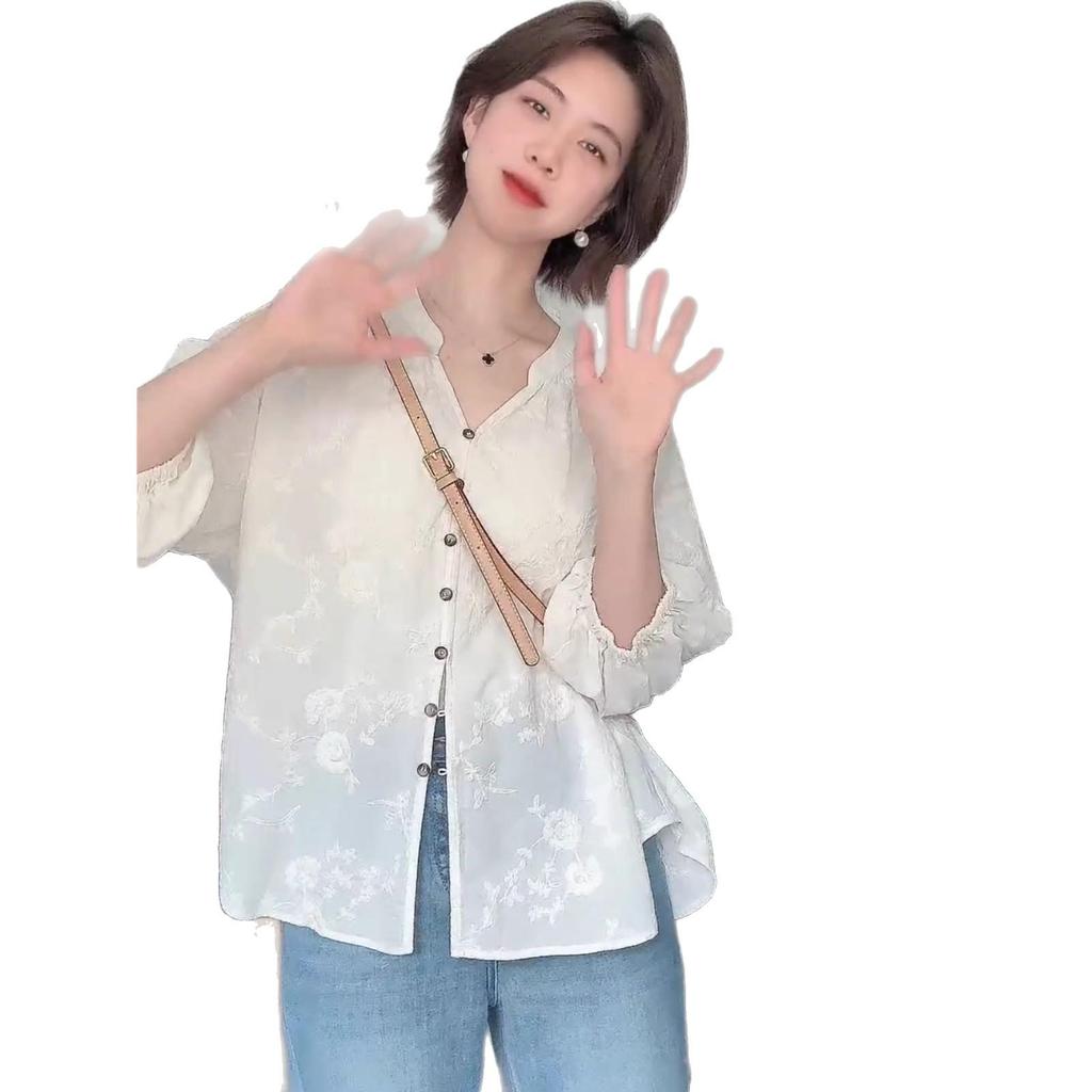 Элегантный вышитый женский топ с рукавом семь восьмых, лето 2025