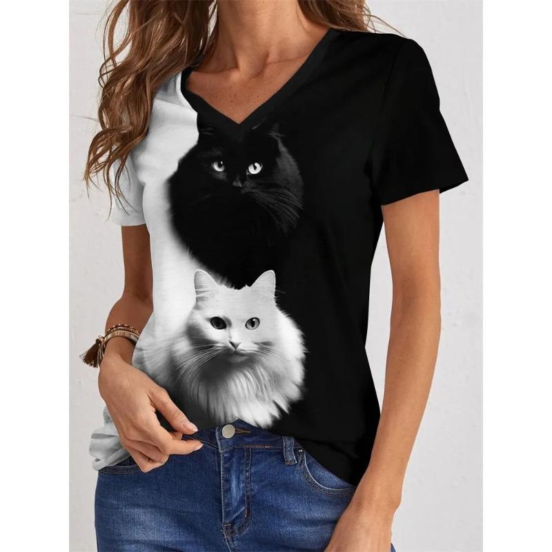 Casual Fashion Simple Abstract Painting Animal Black and White Cat Breathable 3D Printed V-neck Short Sleeve T-shirt Casual Sports Shirt
