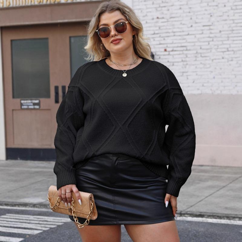 Women's Tops Fashionable Round Neck Long Sleeve Diamond Jacquard Sweater Loose Casual Pullover Versatile Top