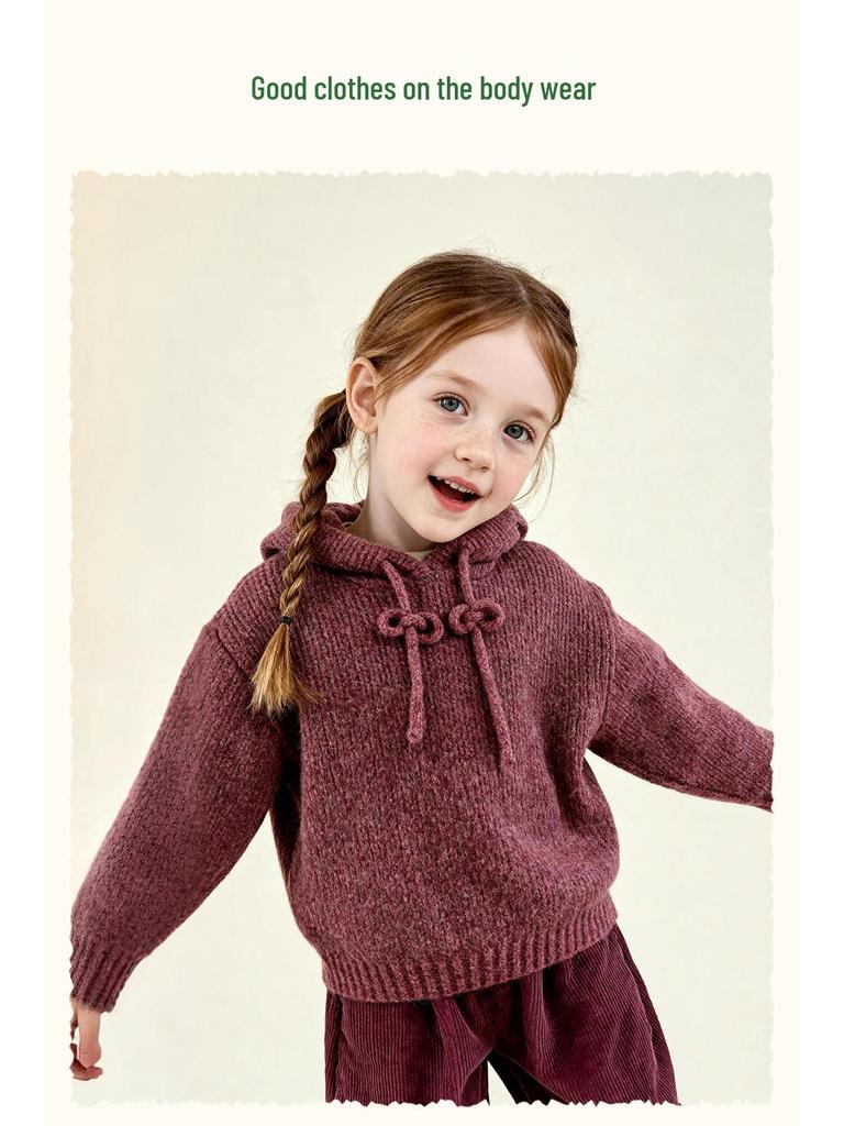 Зимний однотонный худи для девочек 2025 года - Вязаный кардиган из смесовой хлопково-шерстяной пряжи