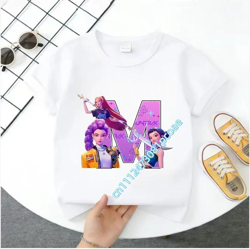 K Pop Demon Huntersd Children's Short-Sleeved Girls' Casual Shirt - Summer Pure Polyester T-Shirt with Letter A-Z Cartoon Print