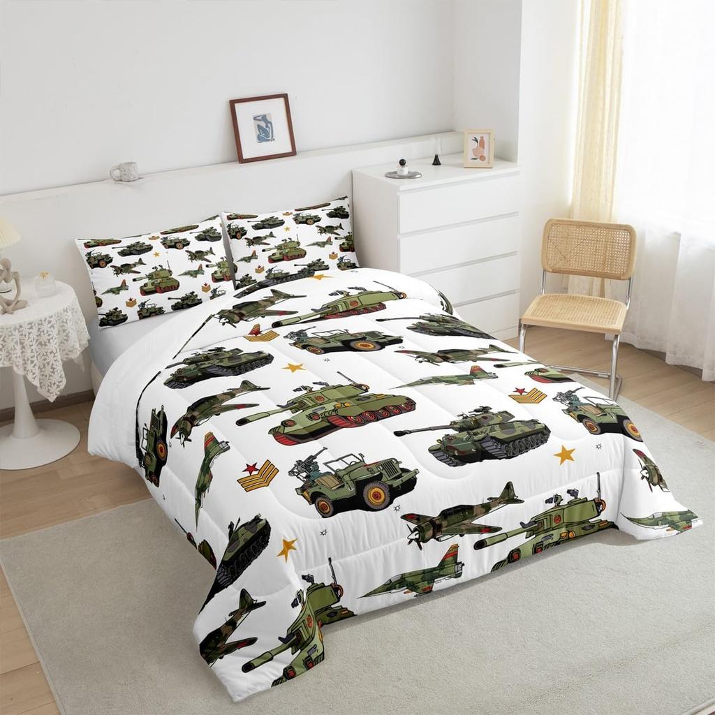 War Theme Set Full Size Aircraft Tanks Bedding Set for Kids Boys Bedroom Decor Retro Army Green Airplane Tanks Soft Polyester