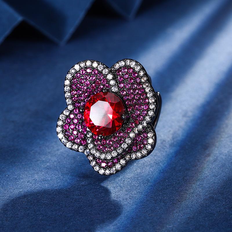 Jewelry Copper Bottom Gold-Plated Simulation Red Corundum Flower Black Gold Suit Female 10-8Mm