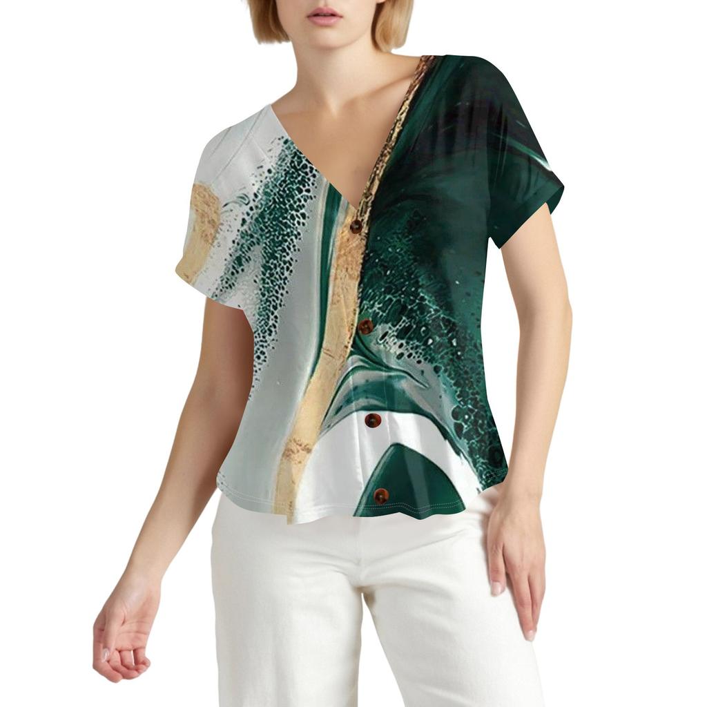 Женская модная футболка с короткими рукавами и V-образным вырезом, цветным принтом в стиле пэчворк, на пуговицах