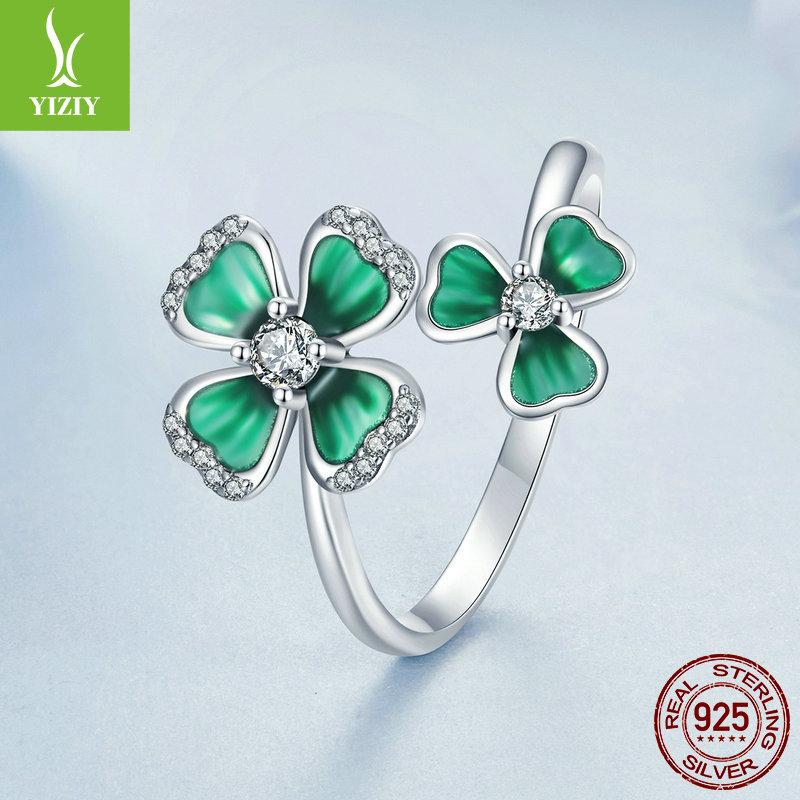Four-Leaf Clover Open Ring For Women, Small Fresh Lucky Leaf S925 Sterling Silver Ring Jewelry