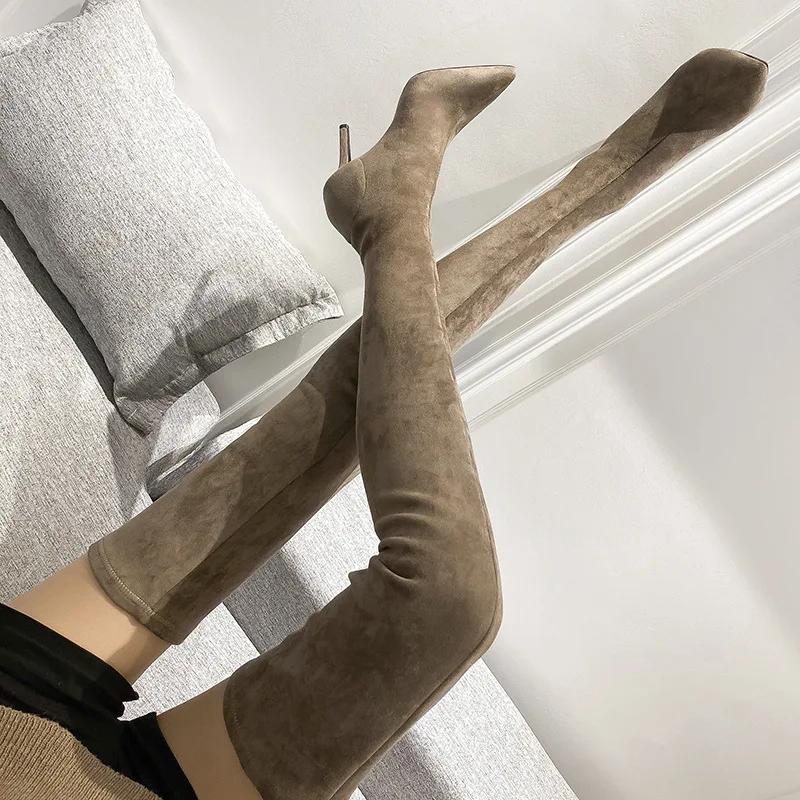 2024 Осень/Зима Новые Сапоги Труба На Высоком Каблуке Эластичные Заостренные Тонкие Каблуки Выше Колена Длинные Сапоги Труба Для Женщин