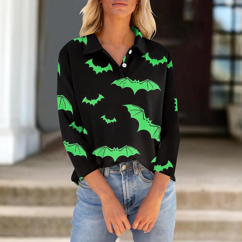 Women's Seven Quarter Sleeved T-shirt V-neck Button Up Shirt With Printed Loose Top For Halloween