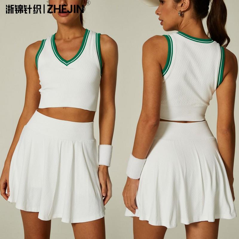 Womens Seamless High-Elastic Tennis Skort Set With Sports Tank Top Breathable Nylon Spandex Athletic Wear Yoga Running