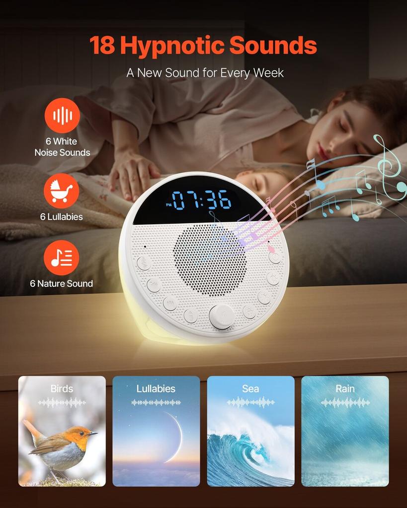Sound Machine, 18 Soothing Sleep Sounds, 7-Color Night Light, 6-in-1 White Noise Sound Machine with Dual Alarms, APP, Auto-Off Timer and Memory