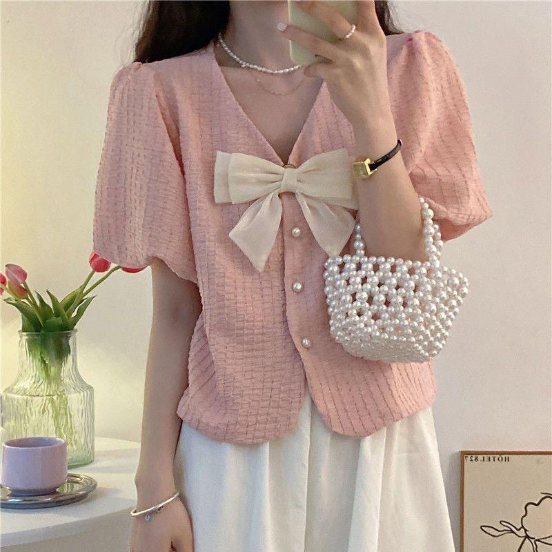 Korean Sweet V-Neck Bow Shirt Women's Clothing Elegant Single-breasted Summer Solid Color Casual Basic Short Sleeve Loose Blouse