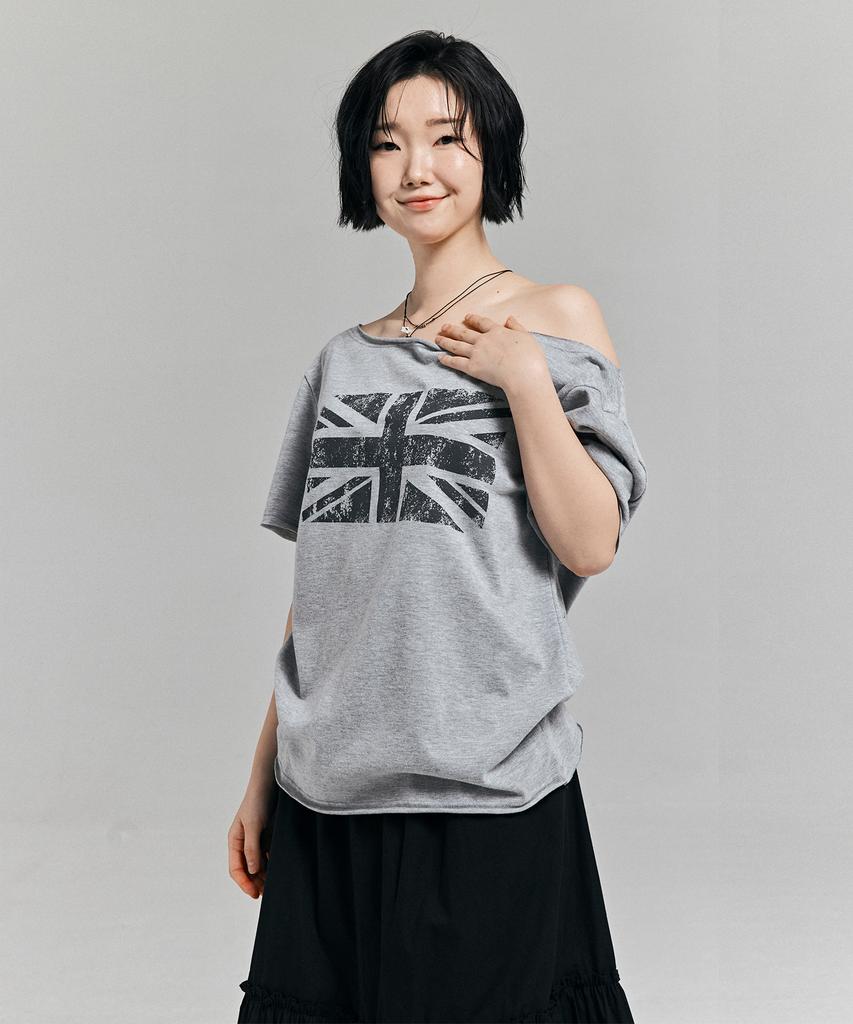 AWESOME STUDIO Union Jack One-Shoulder T-Shirt Melange Grey