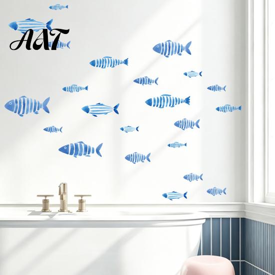 Easy to Apply Wall Graphics Watercolor Blue Fish Decals, Striped Ocean Sea Life Stickers, Removable Self-Adhesive Bathroom Decor Coastal Art for
