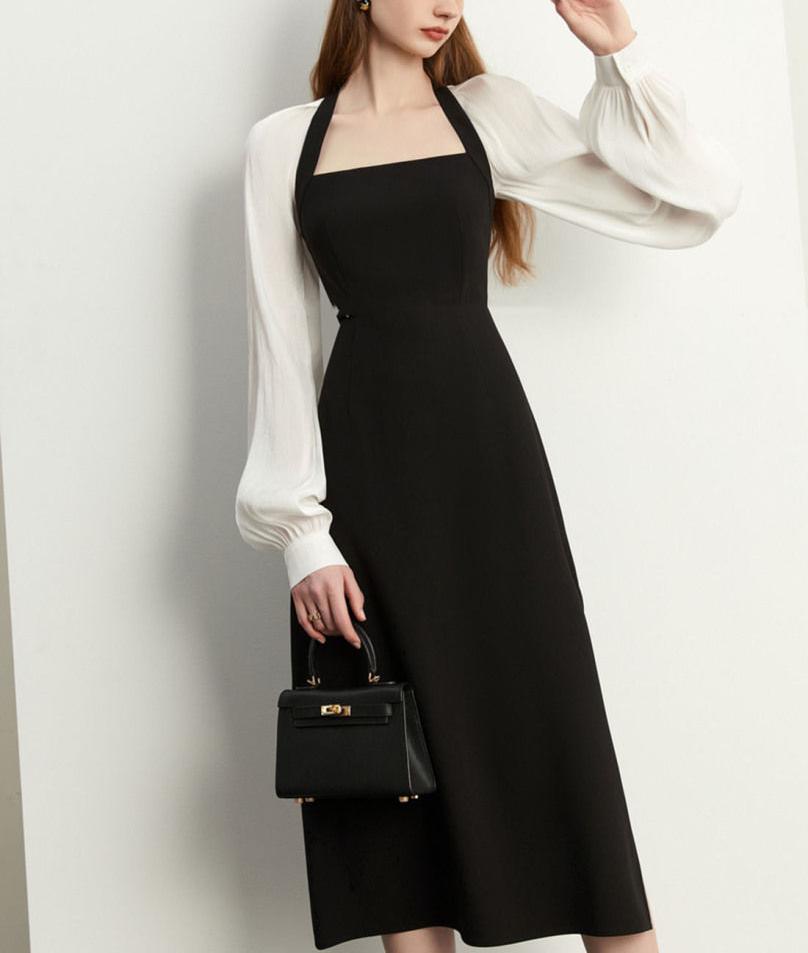 Женское белое платье с рукавами-фонариками, весеннее винтажное черное офисное длинное платье, корейская одежда