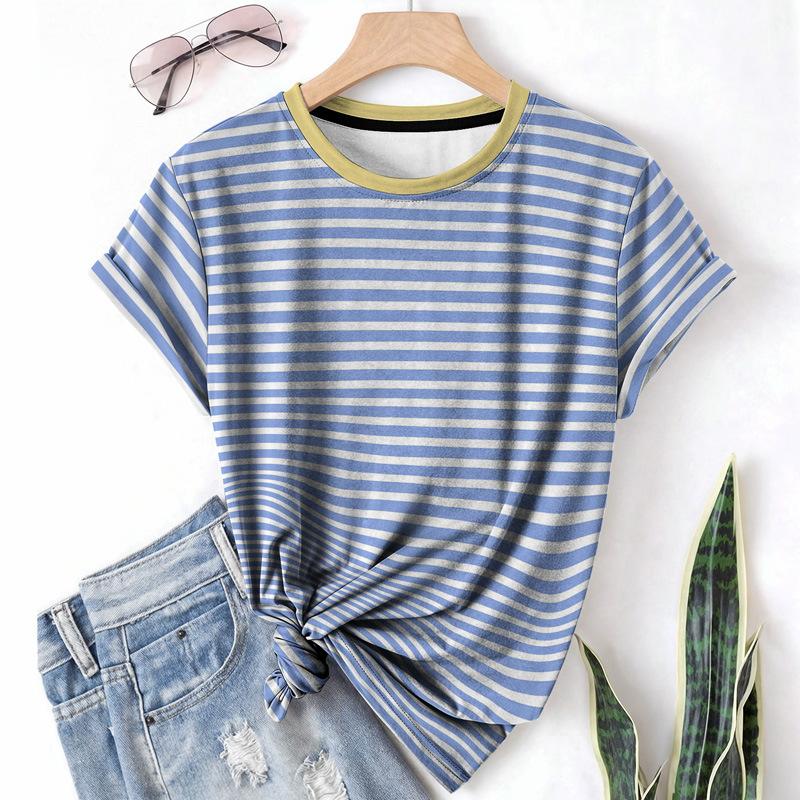 Striped Casual Sports Women's T-shirt Summer Round Neck Short Sleeved Element Pattern Checkered Loose Fit T-shirts