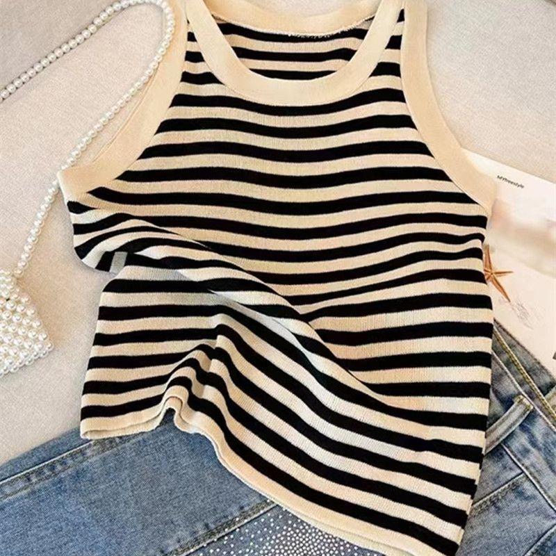 Свитер-жилет женский весенне-летний топ на бретельках с внутренним слоем и дизайном на ремешке, полосатый топ с жилетом без рукавов, женский пуловер