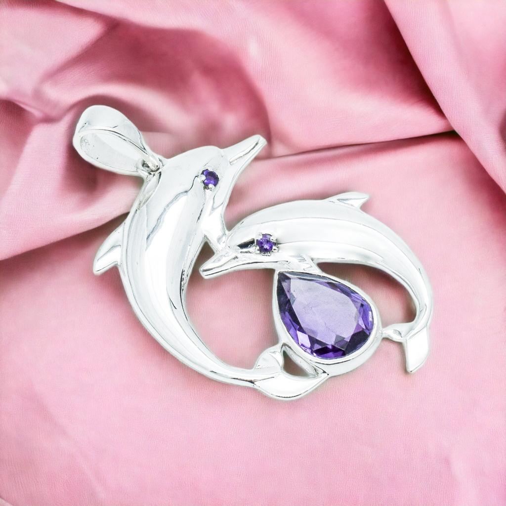 Amethyst Dolphin Pendant: Sterling Silver Necklace, Dainty Gemstone Jewelry