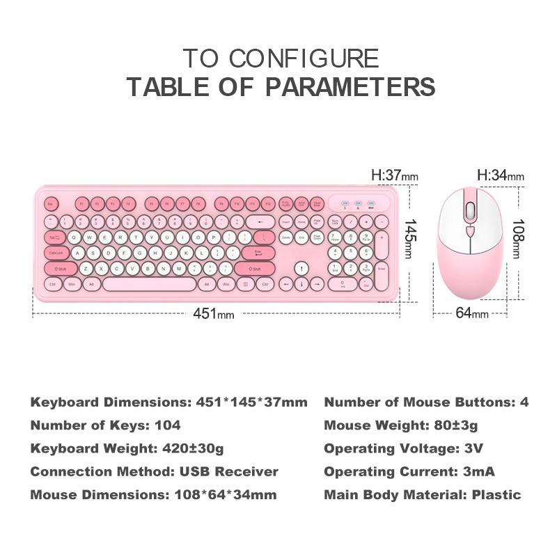 Wireless Office Keyboard and Mouse Set/Quiet, Stylish Keyboard/2.4G / Pink