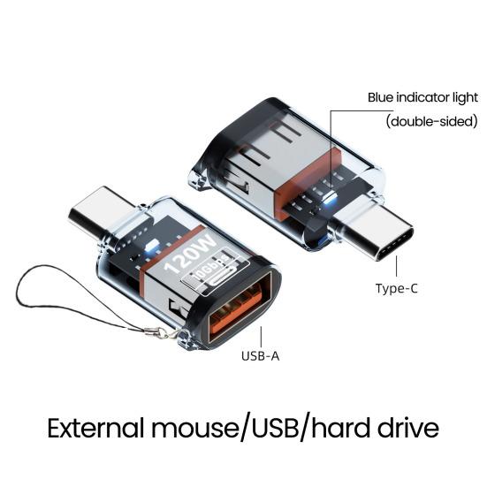Адаптер Type-C Male to USB A Female 120 Вт USB 3.2 Gen2 адаптер Двусторонний 10 Гбит/с передача данных Прозрачный корпус адаптер