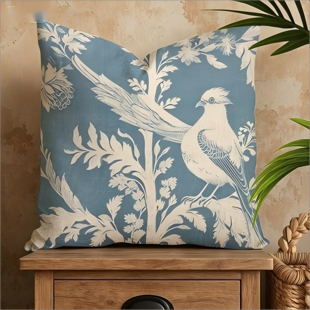 Двусторонняя синяя наволочка для декоративной подушки в стиле Toile De Jouy с изображением птиц, винтажный цветочный ботанический принт, декоративная наволочка для домашнего декора