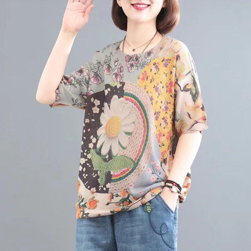 Dimanaf 2024 летние женские футболки, летние стильные рубашки с принтом листьев, красочные элегантные топы с цветочным принтом, свободные повседневные футболки