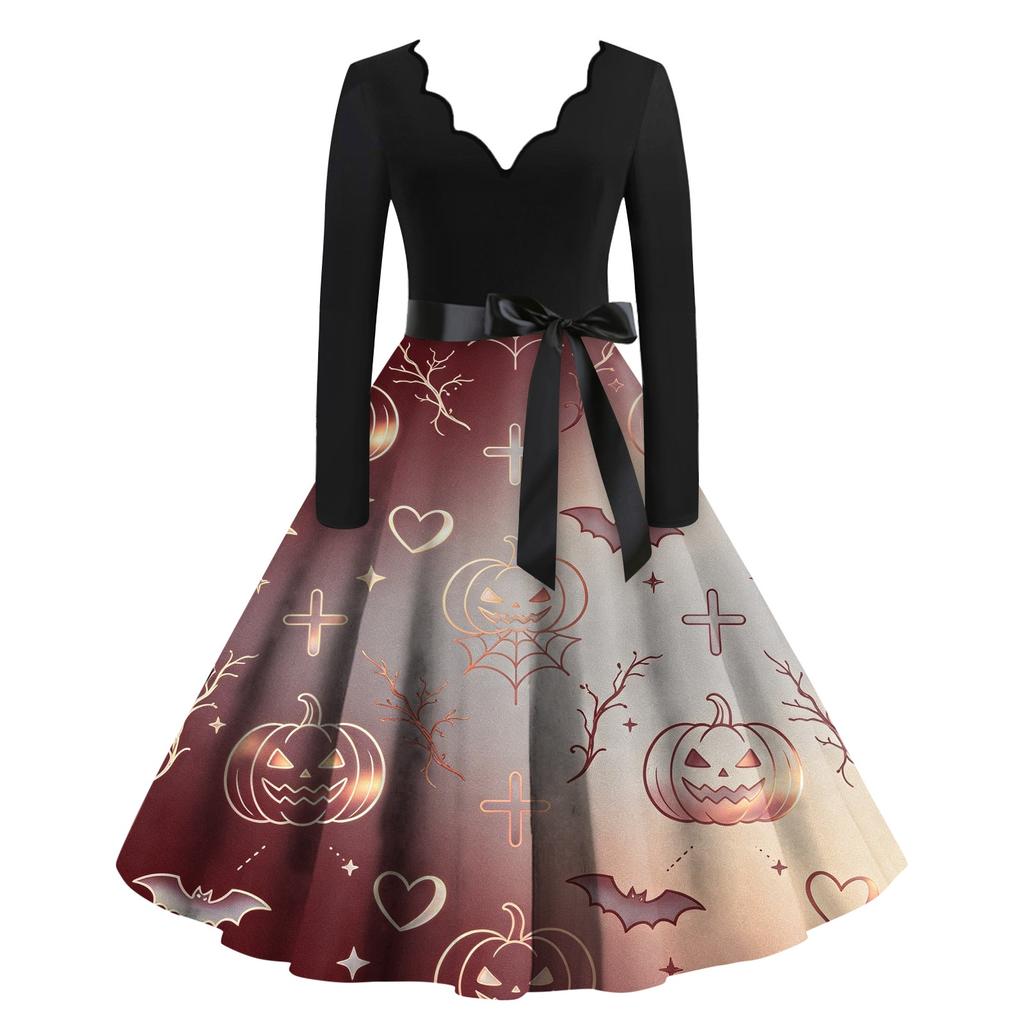 Women's Halloween Printed Long Maxi Dress for Costume Party