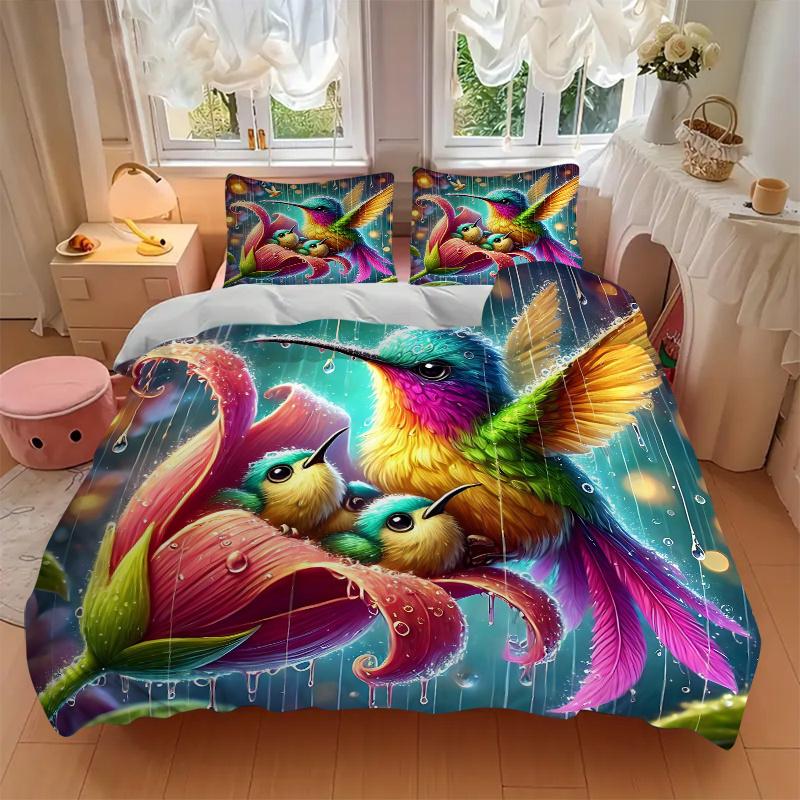 3pcs Rainbow Hummingbirds Bedding Set Includes Comfortable Bedding with Stylish Design for Bedroom, J076