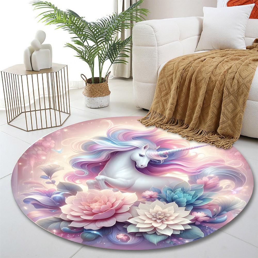 "Magical Unicorn with Pastel Flowers" Print round rug, living room, bedroom, playroom carpet, non slip floor mat, gift