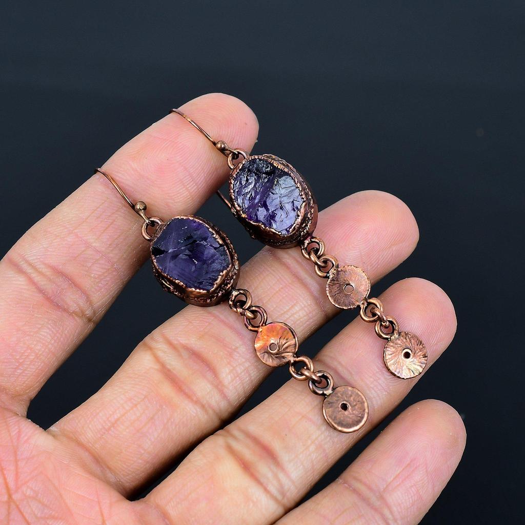 Аметистовые серьги, гальванопластика медью, серьги с драгоценными камнями ручной работы, подарок для мамы, антикварные украшения