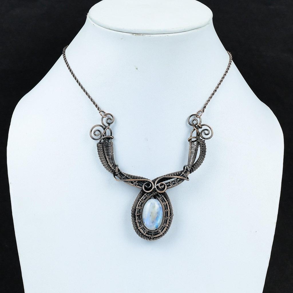 Ожерелье из радужного лунного камня Ожерелье из медной проволоки Ожерелье из натурального драгоценного камня Дизайнерские украшения Ожерелье ручной работы Медные украшения для подарка