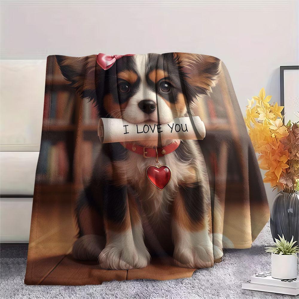1Pc Iloveyoudog Print Flannel Blanket, High quality Comfortable for All Seasons, Home Decor, Warmth and Comfort, Perfect for Christmas Gifts