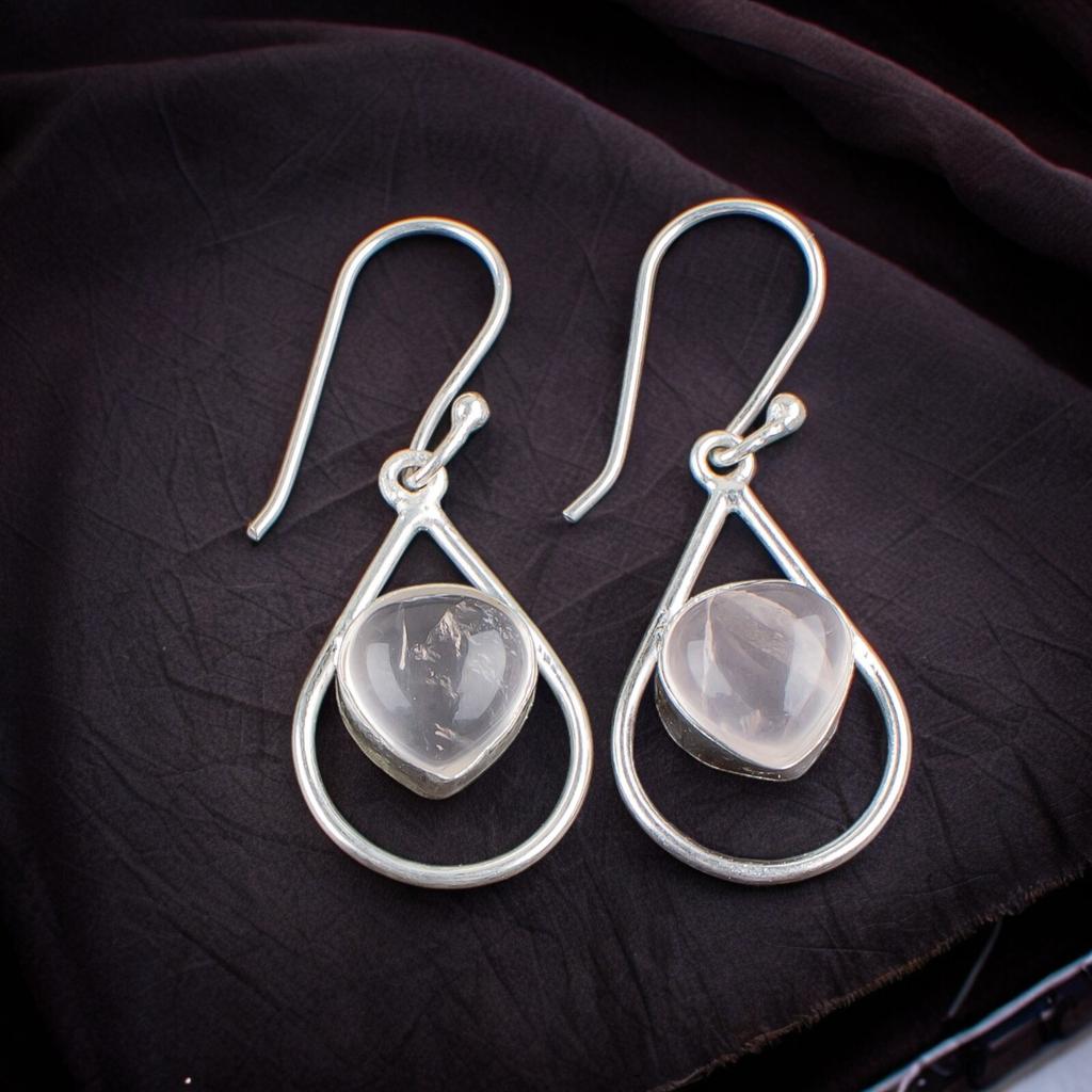 Natural Rose Quartz Gemstone 925 Sterling Silver Handmade Jewelry Earrings 1.50" EE-38-22