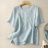 Летняя хлопковая конопляная художественная ретро свободная однотонная вышитая футболка с V-образным вырезом и короткими рукавами для женщин Футболки женские