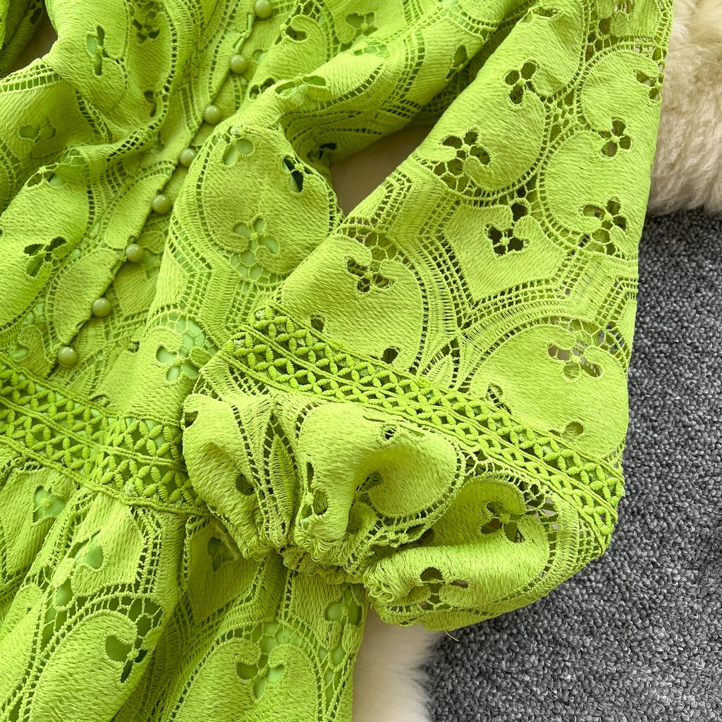 Весна-лето Женские V-образные вырезы с рукавами-фонариками Вышитые кружевные длинные макси вечерние платья