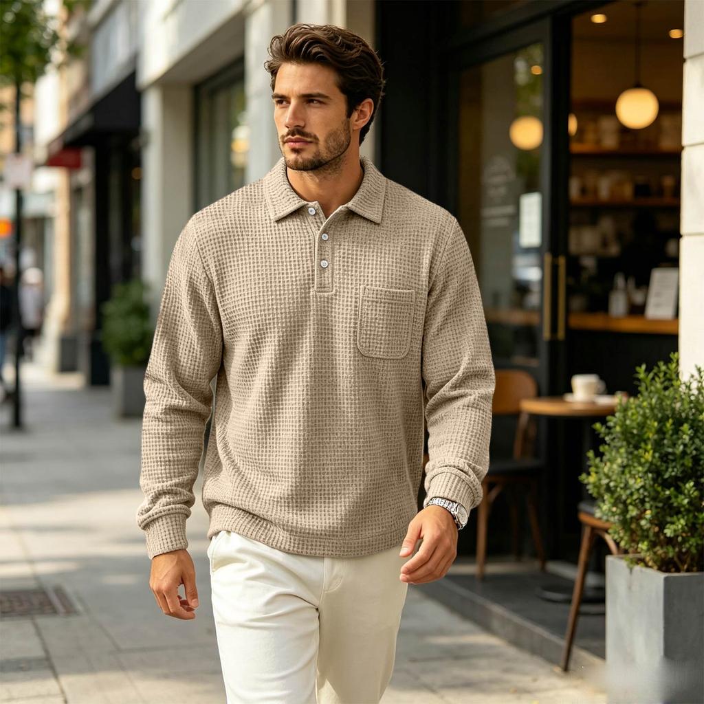 Men's Knit Pullover Top Collared Long Sleeve Pocket Casual Outdoor Fall Shirt