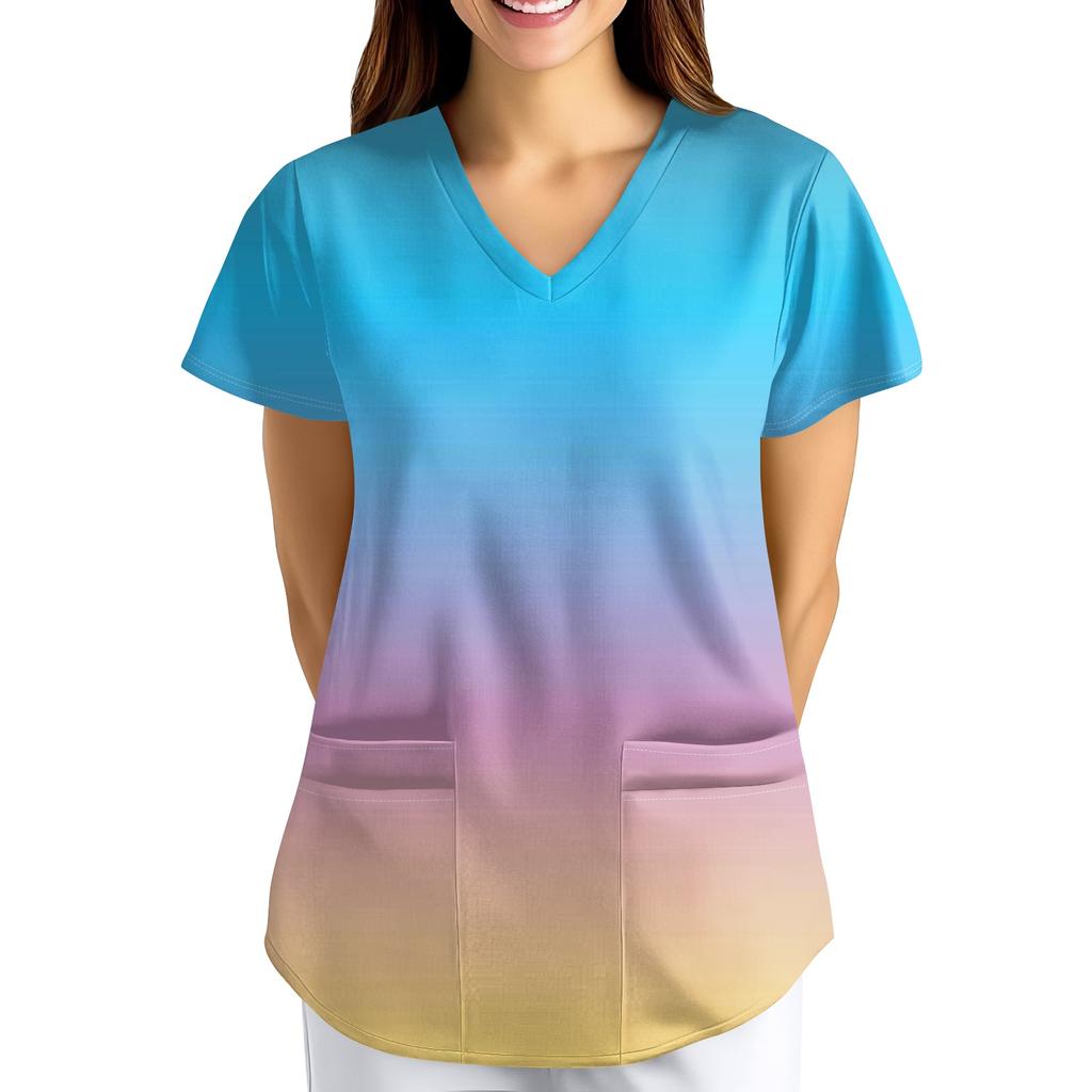 Большой размер Принтованный скраб Рабочая униформа Топы для женских V-образный вырез с запахом Принт Короткий рукав Веселые футболки Рабочая одежда Футболка с карманами