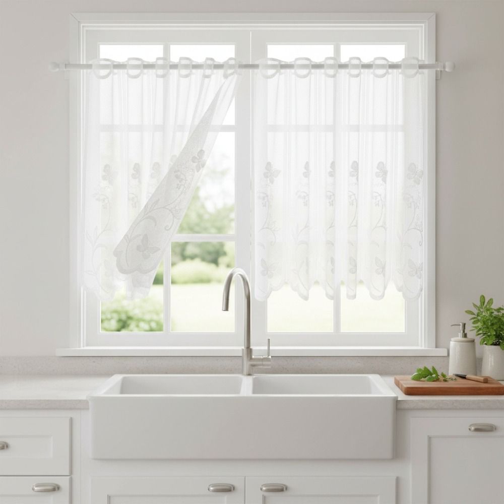 Translucent White Lace Short Window Sheer Floral Embroidery Partition Short Valance Bay Window