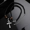 Fashion Stainless Steel Anka Cross Pendant Necklace, Natural Tiger Eye Stone Beaded Chain Necklace, Trendy Punk Jewelry for Men