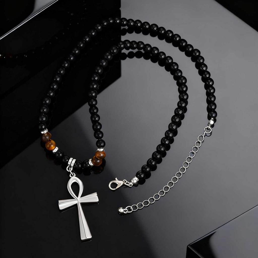 Fashion Stainless Steel Anka Cross Pendant Necklace, Natural Tiger Eye Stone Beaded Chain Necklace, Trendy Punk Jewelry for Men