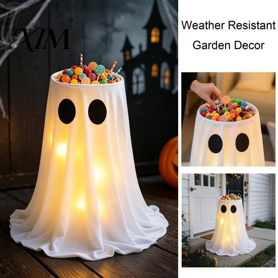 Spooky Table Decoration Lighted Halloween Ghost Candy Bowl Stand, Height Adjustable Large Holder with Figurine for Porch LED Light Trick or