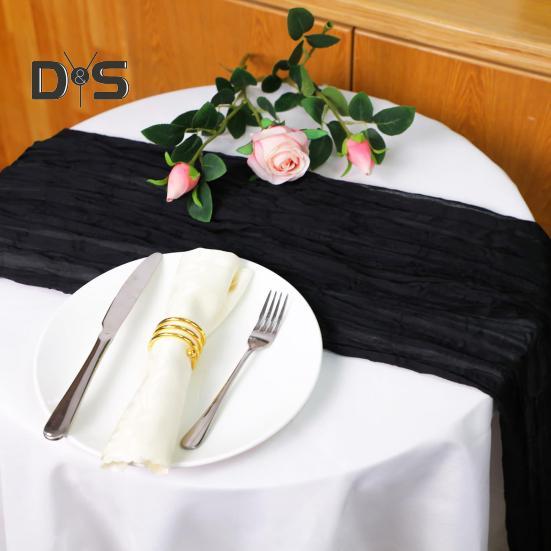 Дорожка для стола на свадьбу, марлевая, в стиле Хэллоуина, плиссированная, чистого черного цвета, устойчивая к пятнам, многоразовая, для защиты стола, украшения, для банкета, выпускного вечера