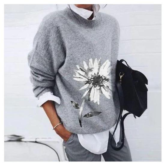 GMXIA Women's Fashion Ground Floral Print Loose Long-sleeved Top