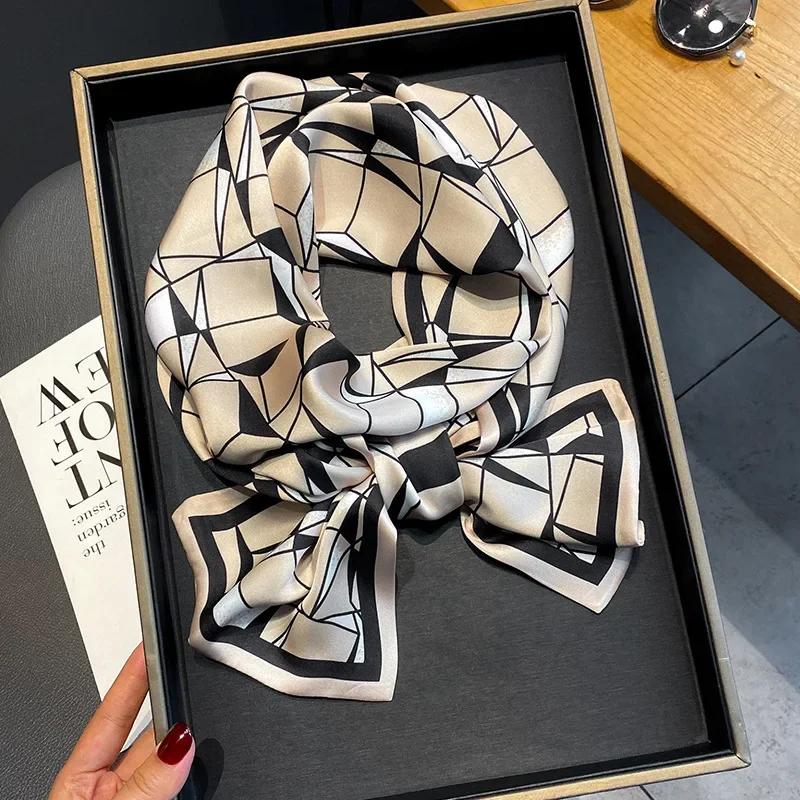 New Luxury Design Ribbon Silk Scarf Plaid Headband Neckerchief Foulard Female Hair Scarfs Neck Ties Lady Skinny Scarves