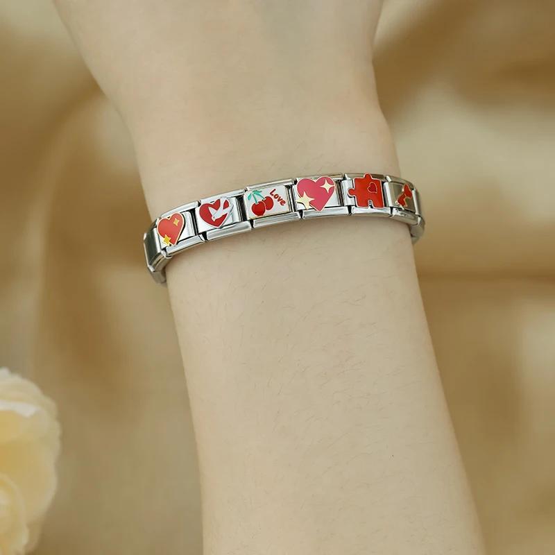 Hapiship 2024 женские красные глазурованные цветочные сердечки Kiss Me подвески итальянские звенья подходят для браслета из нержавеющей стали 9 мм изготовление ювелирных изделий ZH003