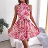 Весна-лето женское короткое платье трапециевидной формы без рукавов с лямкой на шее и лямкой на шнуровке с цветочным принтом