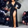 Платье Большого Размера с Рукавами-Фонариками, Длинное Сексуальное Вечернее Платье-Юбка с Глубоким V-образным Вырезом, Блестками и Разрезом