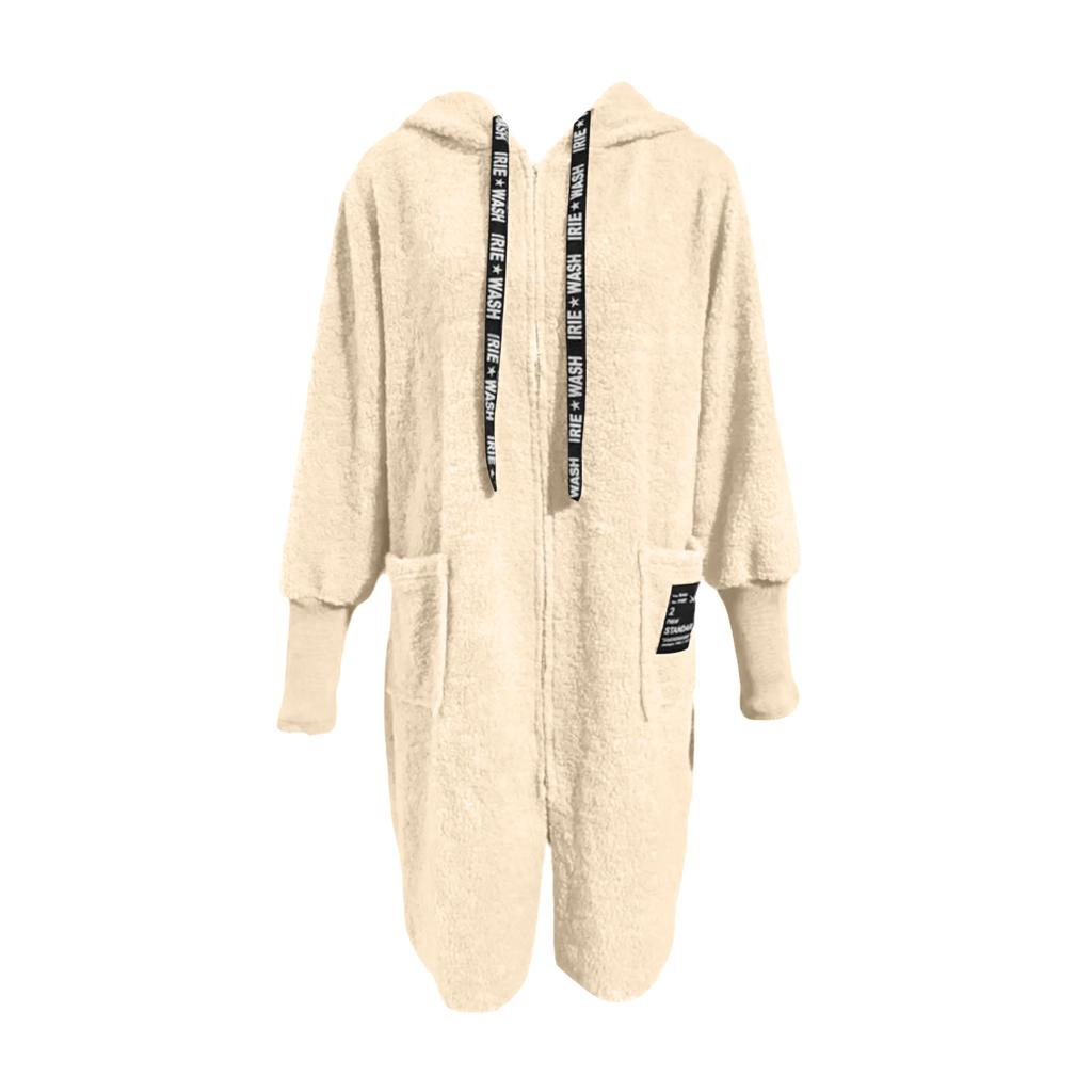 Women's Loose Casual Drawstring Zipper Hooded Warm Lambskin Long Coat