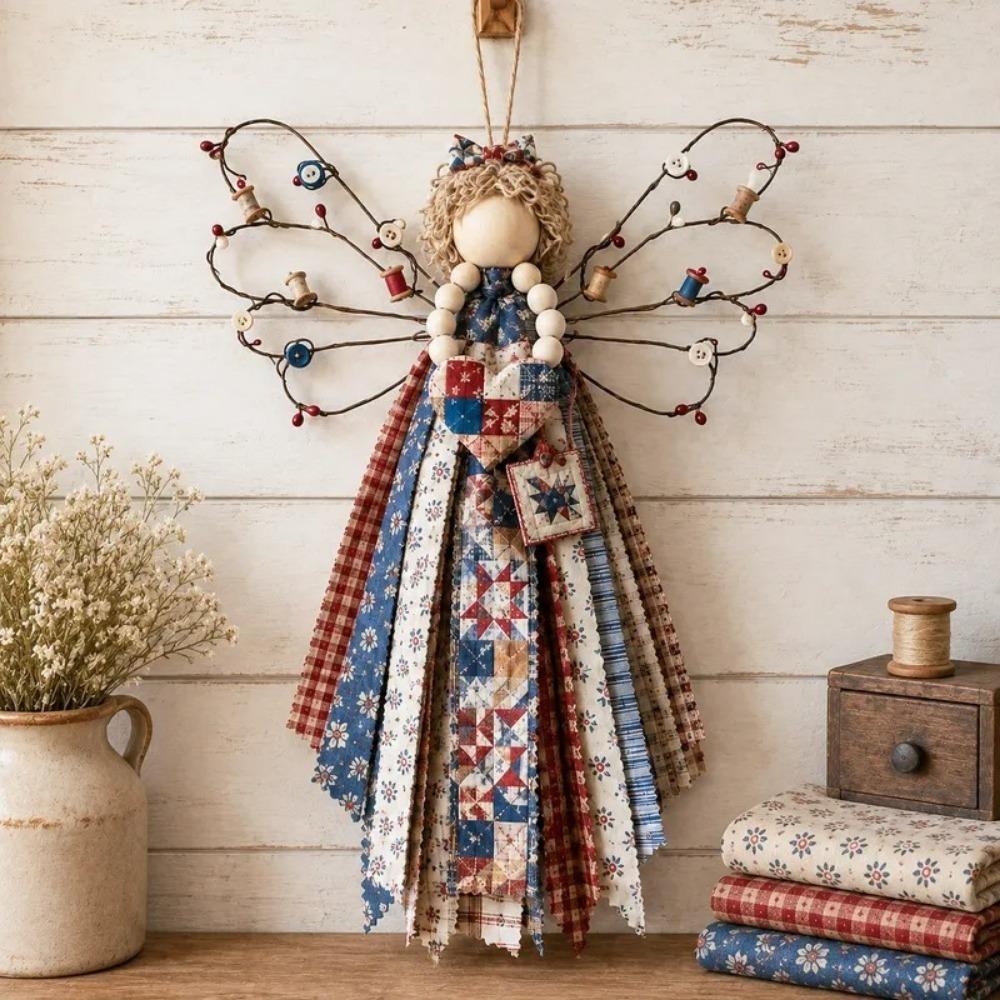 Layered Wings Angel Fabric Hanging DIY Craft Kit Buttons Precut Fabrics Fabric Angel Craft Kit with Guidance DIY