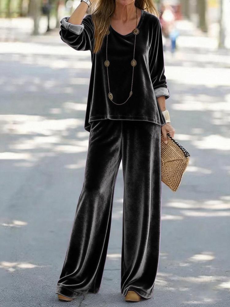 2025 foreign trade cross-border new women's clothing, casual V-neck pullover, long sleeves and trousers, velvet multi-color women's suit